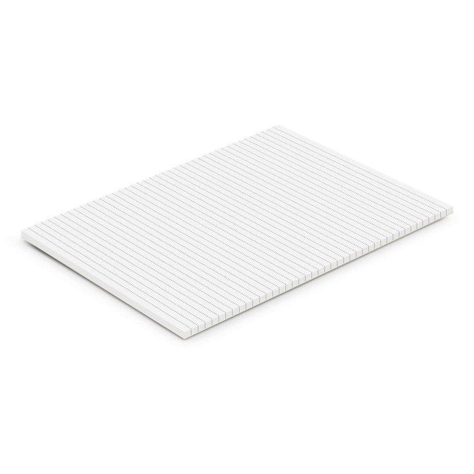 A4 office note pad with lined pages, featuring a clean white design and a minimalistic appearance.