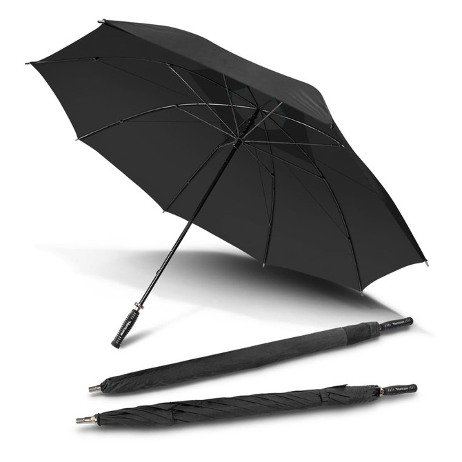 A black Hurricane Sport Umbrella opened and closed, showcasing its sleek design and branding.