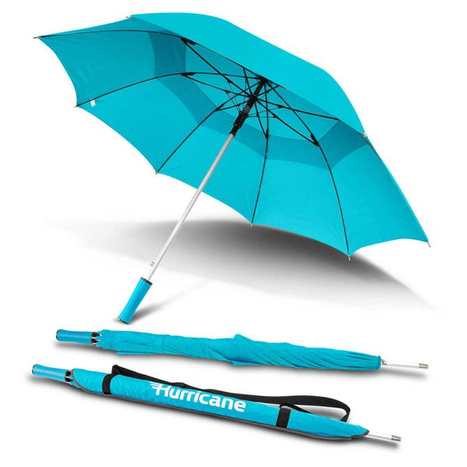 A turquoise umbrella with a sleek design and a logo, displayed both open and folded.