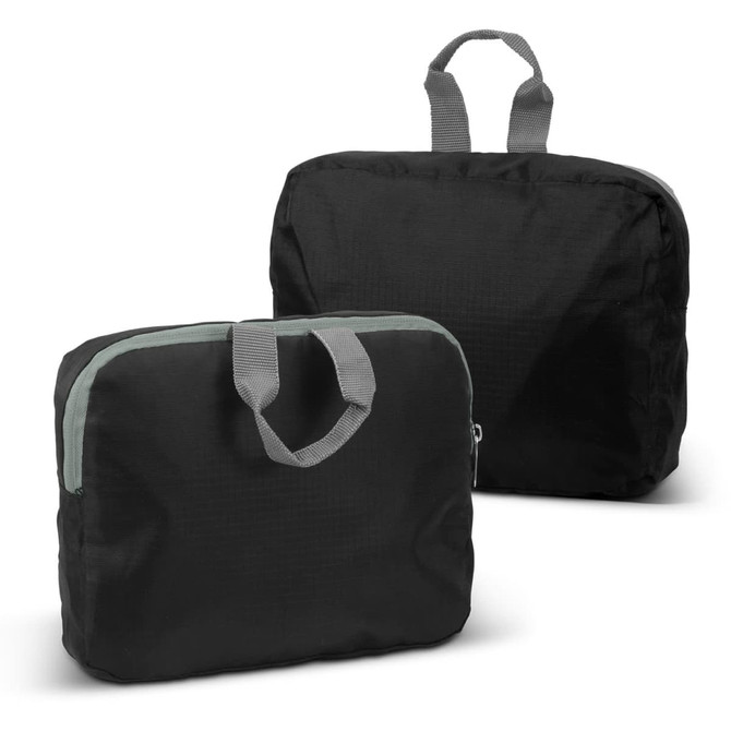 A pair of black foldable backpacks with grey handles, one folded and one unfolded, showcasing their compact design.