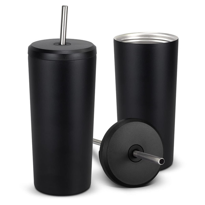 A drink bottle in matte black finish featuring a stainless steel straw and a sleek design. It includes a logo.