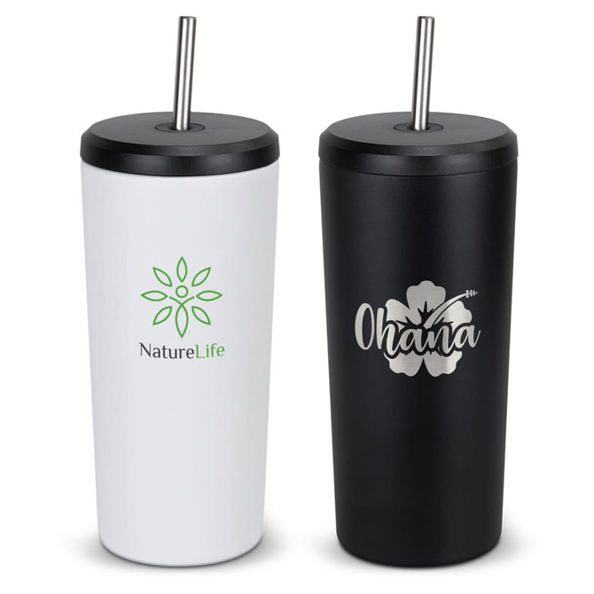 A drink bottle featuring a white exterior with a logo and a black exterior with a floral design, both with straws.