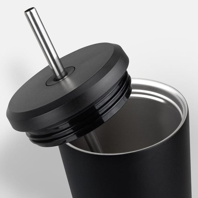 A drink bottle with a sleek black exterior, featuring a stainless steel straw and a fitted lid.