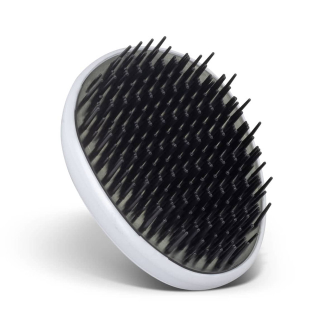 A round hair detangler with black bristles and a white base, designed for easy handling and use.