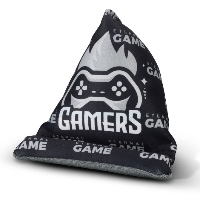 A black and grey bean bag phone holder with a gaming-themed design and a logo.