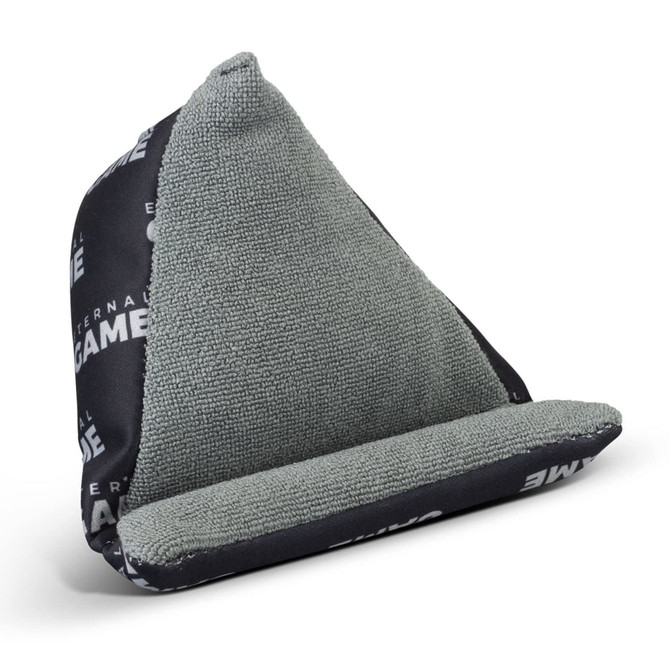 A grey and black bean bag phone holder with a textured surface and a triangular shape, featuring a logo design.
