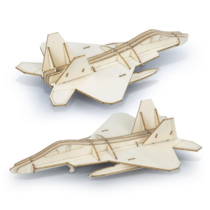 A wooden model of a jet fighter, featuring a beige finish and detailed cut-outs. It has a logo on the surface.