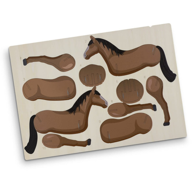 A wooden model kit of a horse with various parts in brown tones, featuring a branded logo.