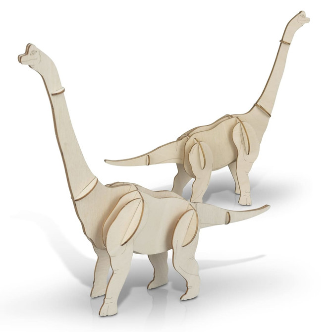 Two wooden Brachiosaurus models in a natural, light wood finish, featuring articulated joints for playful movement.