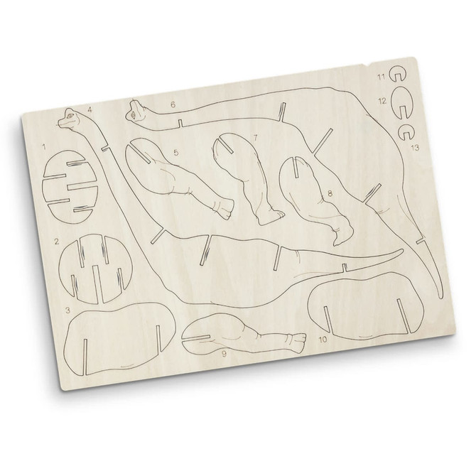 A Brachiosaurus wooden model puzzle in natural wood colour, with various pieces laid out on a flat board.
