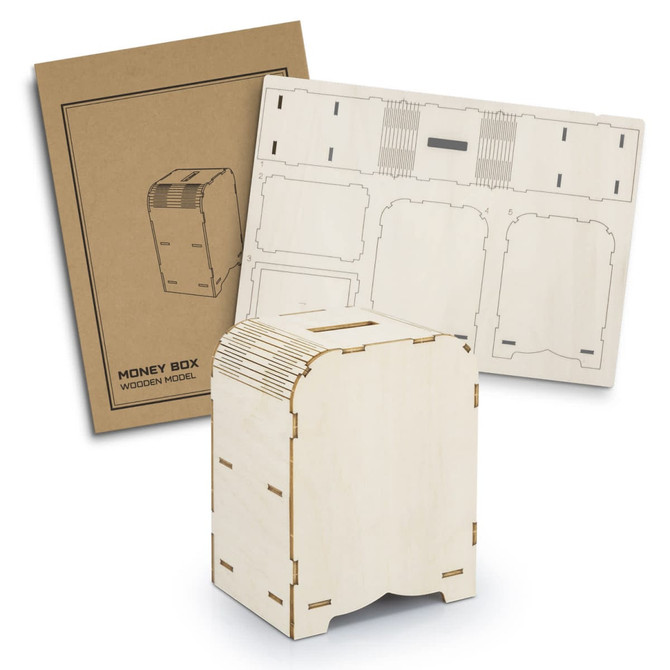 A wooden money box model in light colour, accompanied by a flat pack and packaging. It features a logo.
