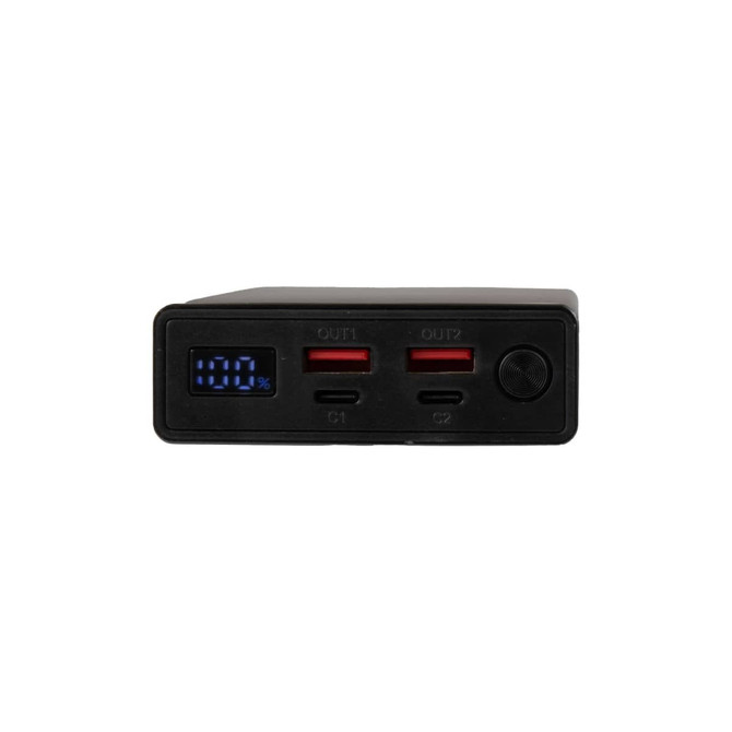A power bank featuring two USB output ports, an LED display showing battery percentage, and a compact design in black.