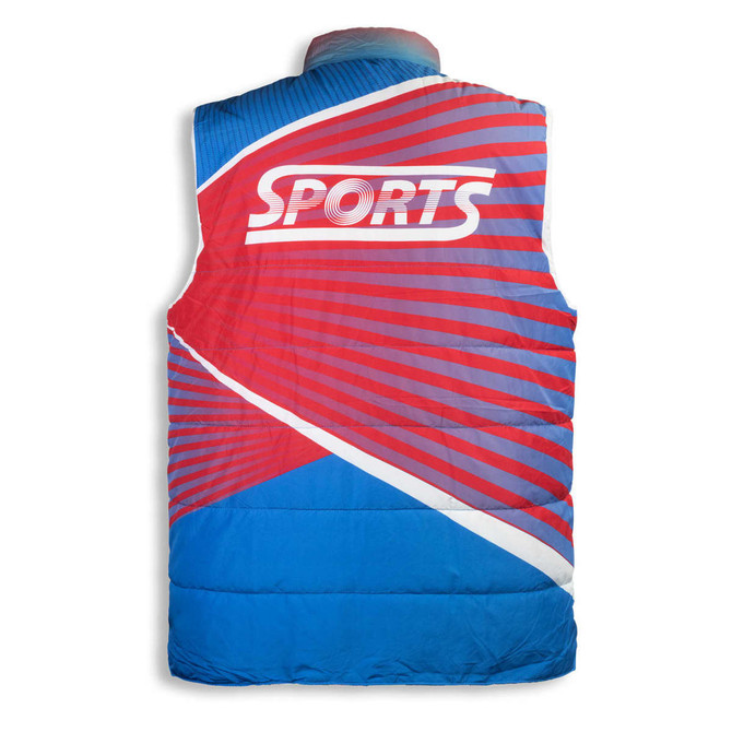 A custom puffer vest featuring red and blue colours with a modern design and a logo on the back.