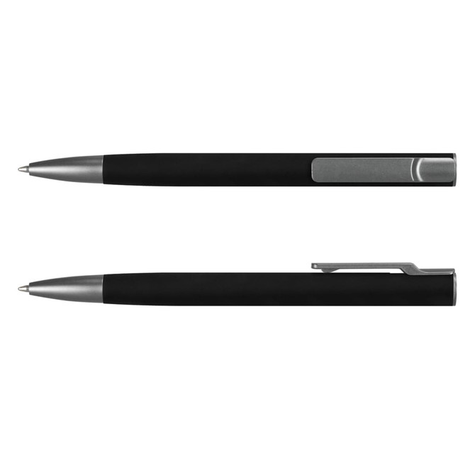 A black metal pen with a sleek silver clip and tip, featuring a modern design. It includes a logo on the body.