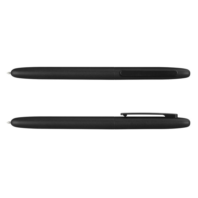 A metal pen in sleek black, featuring a modern design and a branding logo. Displayed from two angles.