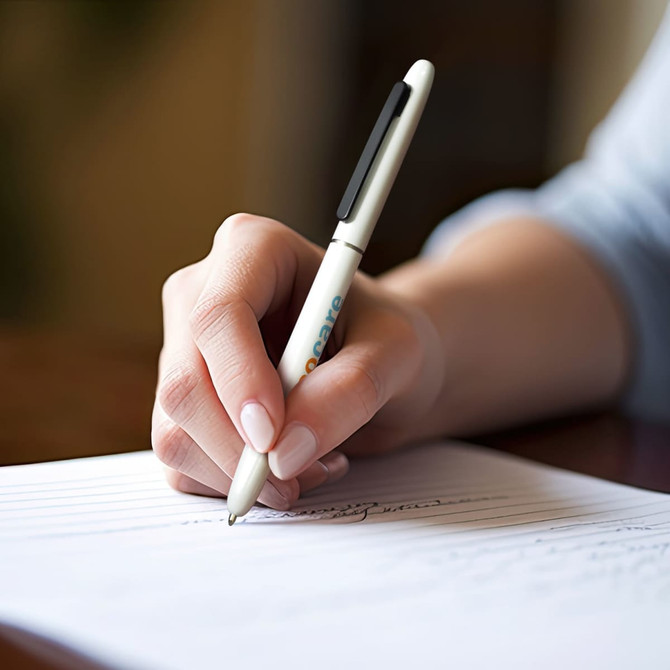 A metal pen in white is being used to write on lined paper. The pen features a logo.