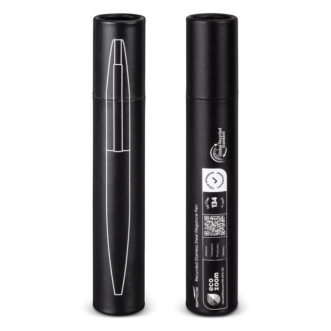 A sleek black metal pen with a minimalist design, featuring a protective case and a logo.