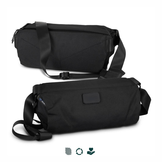 A black sling bag made from recycled materials, featuring an adjustable strap and a logo on the side.