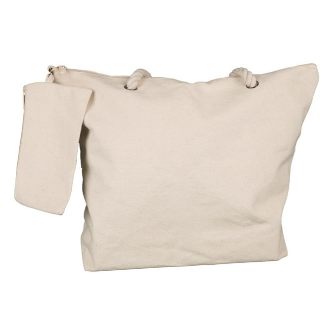 A lightweight, cream-colored canvas tote bag featuring knotted handles and a matching removable pocket.