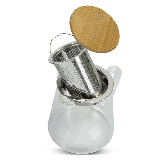 A clear glass teapot with a stainless steel infuser and a bamboo lid. Features a simple, elegant design.