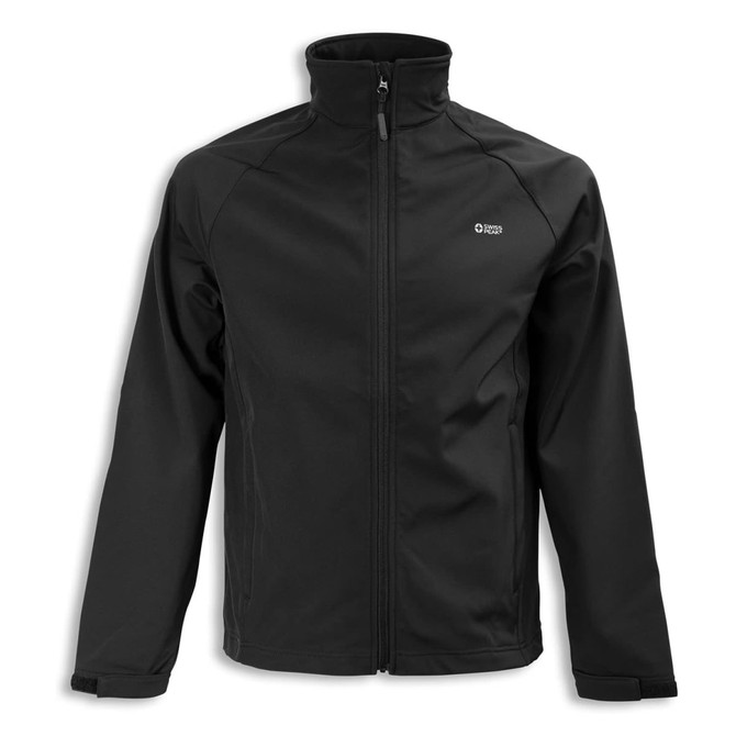 A black softshell jacket featuring a high collar and a logo, suitable for various outdoor activities.