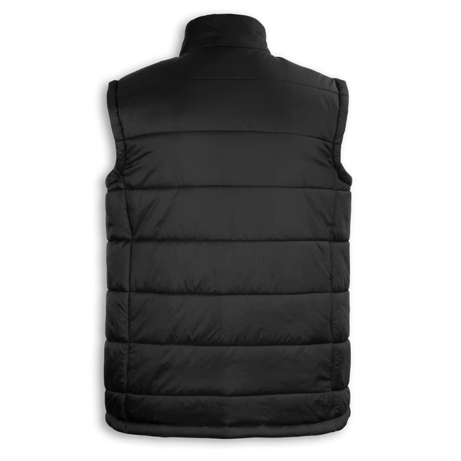 A black puffer vest with a quilted design and high collar, featuring a logo. Suitable for urban styling.