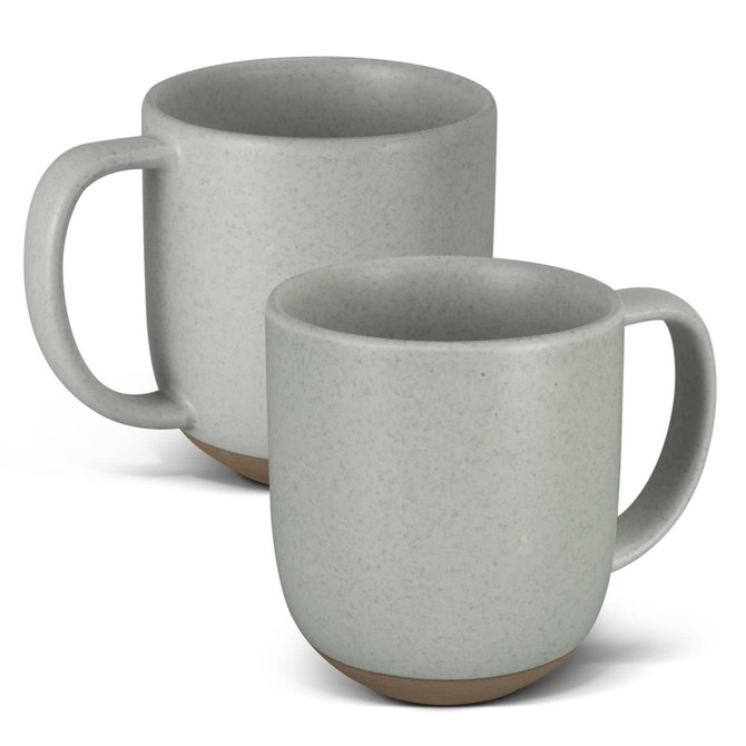 A set of two grey ceramic mugs with a textured finish and a brown base. Each mug has a sturdy handle and a minimalist design.