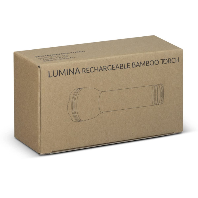 A cardboard box containing a Lumina rechargeable bamboo torch, featuring a simple outline illustration of the product.