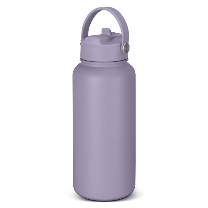 A drink bottle in a soft lavender colour with a handle and a screw-on lid, featuring a logo.
