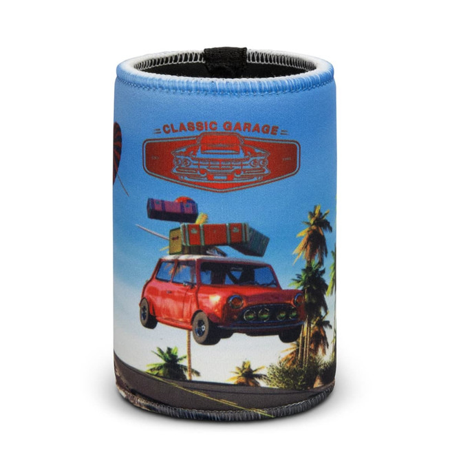 A drink bottle holder featuring a blue design with a red car and tropical imagery, showcasing a logo.