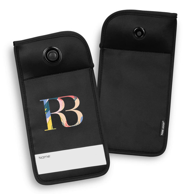 A black lockable phone pouch with a colourful logo and a space for a name. It features a snap button closure.