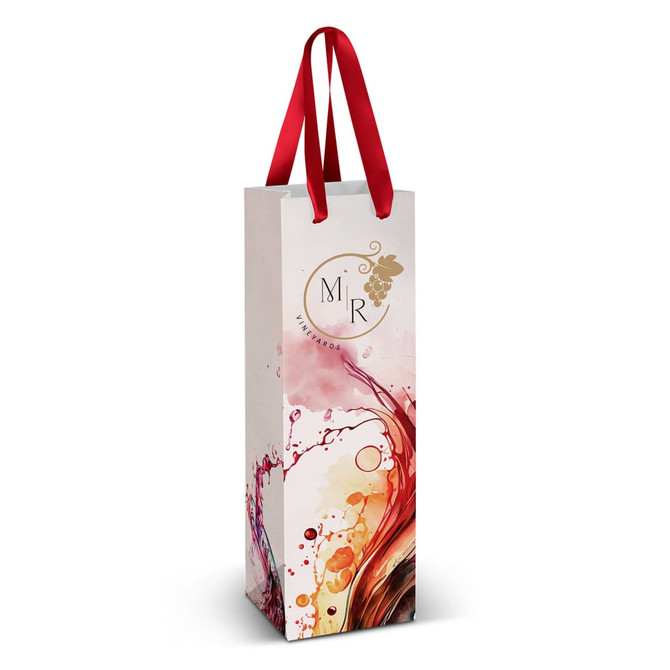 A wine ribbon handle paper bag in white, featuring colourful wine splash designs and a logo.