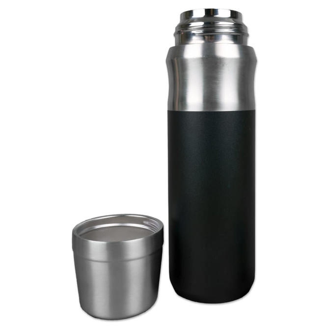 A drink bottle featuring a sleek, black exterior and stainless steel accents, accompanied by a matching cup.