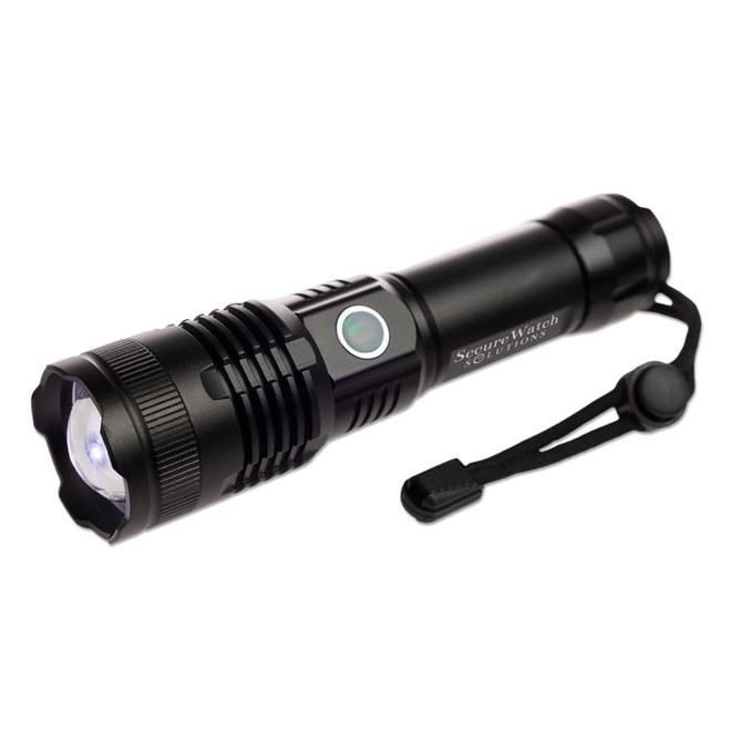 A black rechargeable torch featuring a round head, a side button, and a wrist strap for convenience.