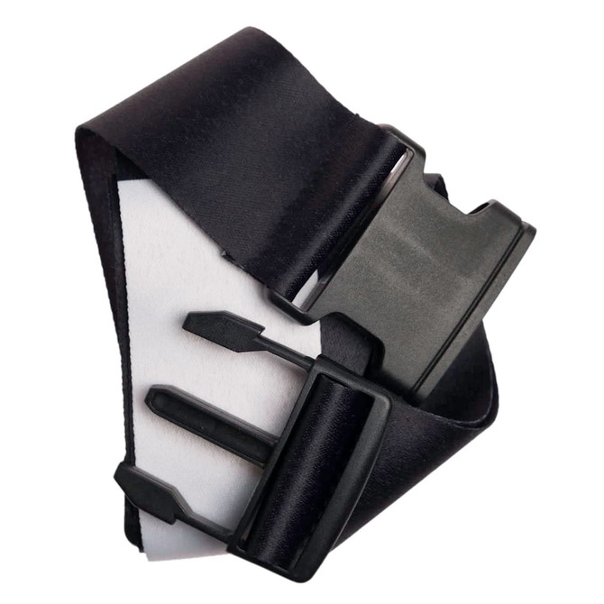 A black luggage strap featuring a durable buckle and adjustable components.