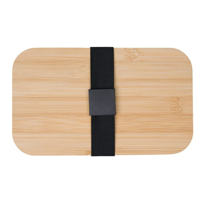 A bamboo lunch box with a black strap, featuring a simple rectangular design and a smooth finish.