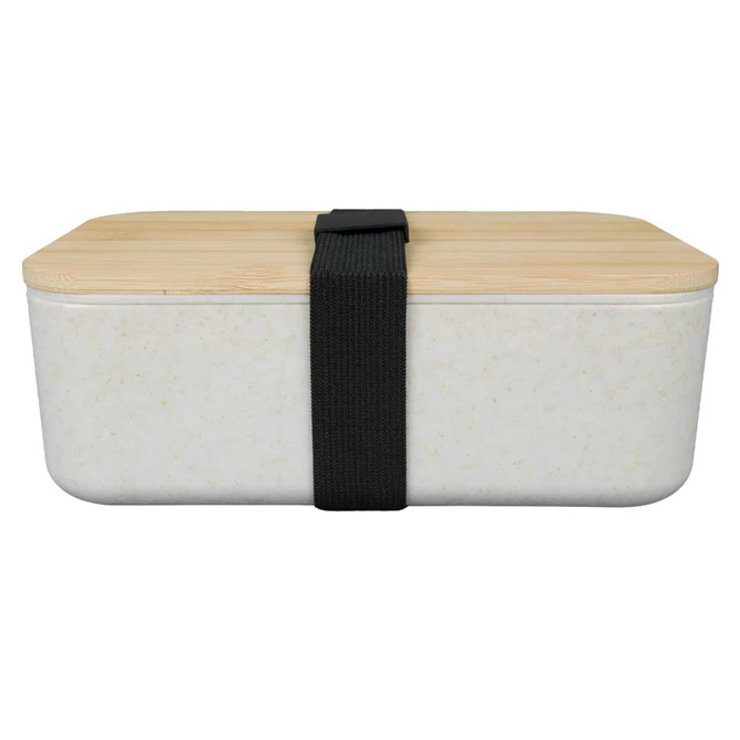 A lunch box featuring a natural bamboo lid and a textured white base, secured with a black elastic strap.