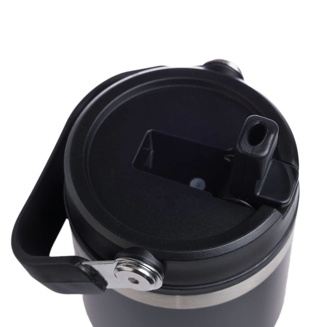 A drink bottle with a black lid and a handle, featuring a spout for easy sipping. The body is stainless steel.