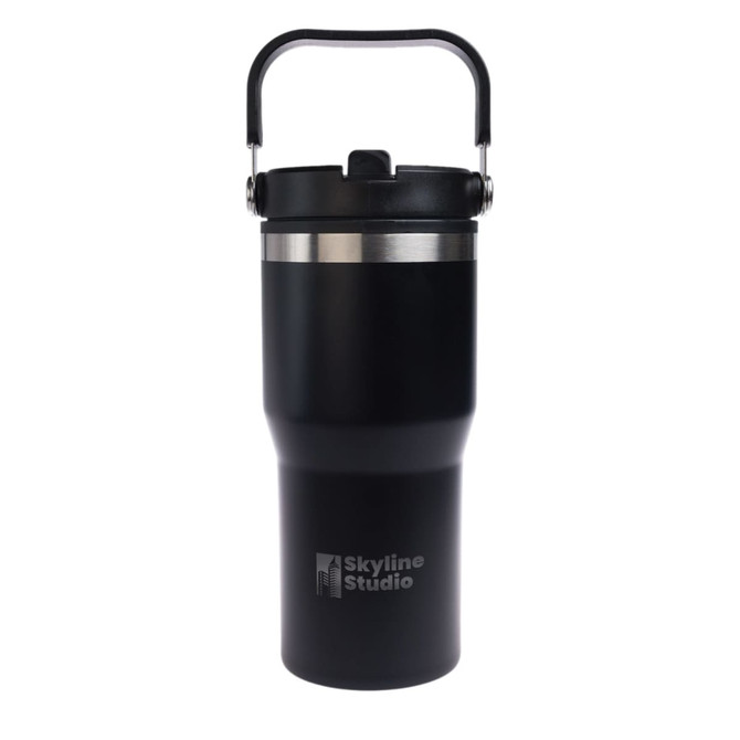 A drink bottle features a black stainless steel design with a handle and a logo. Suitable for beverages on the go.