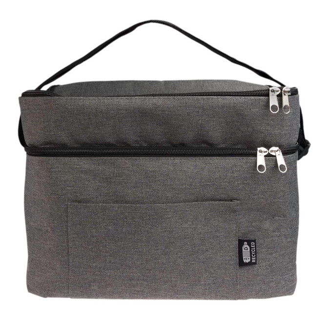 A grey cooler bag with dual zippered compartments and a front pocket, featuring a logo.