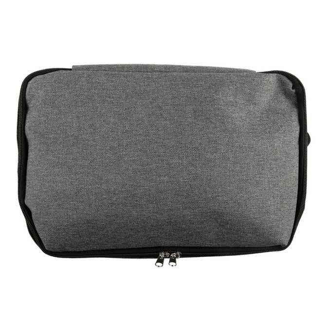 A grey cooler bag with a zippered closure, featuring a simple design and a logo.