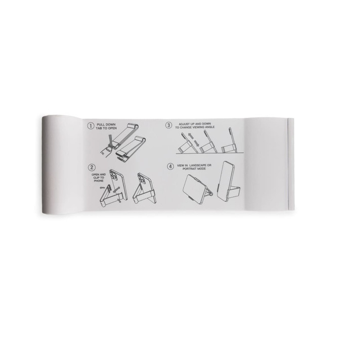 A phone stand in grey with foldable design instructions for landscape and portrait modes. Includes a logo.