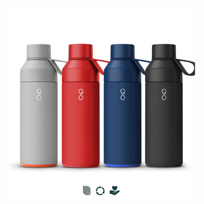 A drink bottle collection featuring grey, red, blue, and black variations, each with a logo and a sturdy carrying strap.