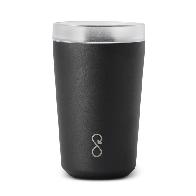 A drink bottle in matte black with a clear lid and a logo featured on the front. Ideal for hot or cold beverages.