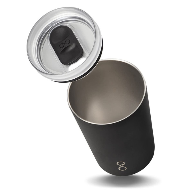 A drink bottle with a matte black finish and a clear lid, featuring a logo on the side.
