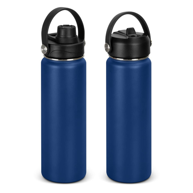A drink bottle in a deep blue colour with a black lid and handle, featuring a logo on its body.