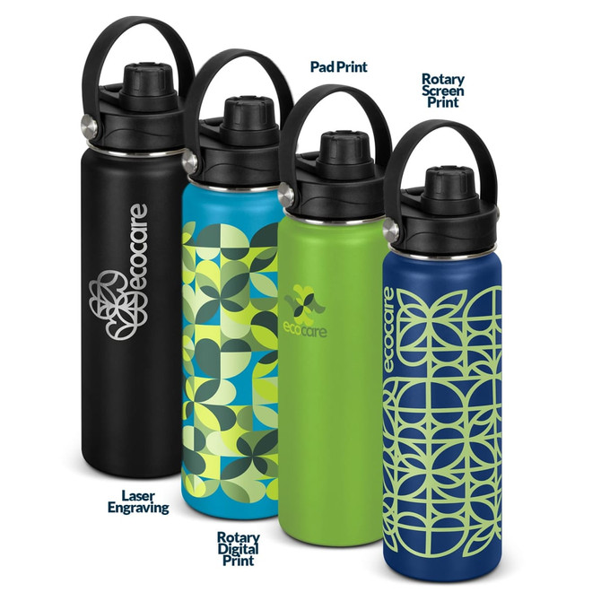 A drink bottle collection featuring four designs in black, green, blue, and a vibrant pattern, each with a logo.