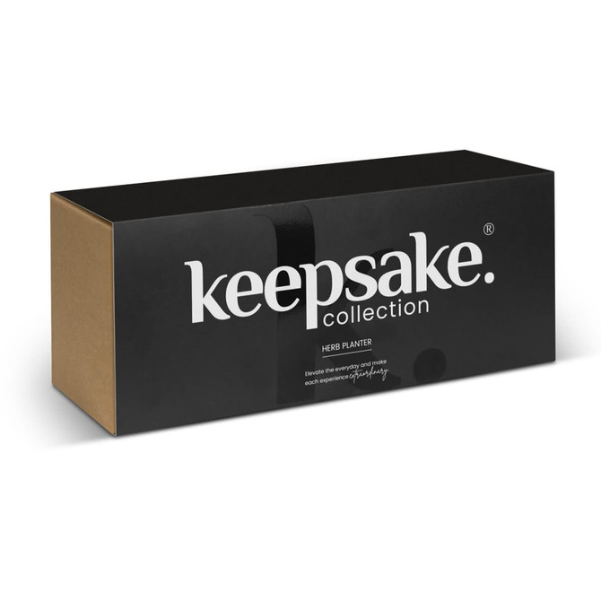 A black box with branding for a "Keepsake Herb Planter," featuring a minimalist design and a sleek appearance.