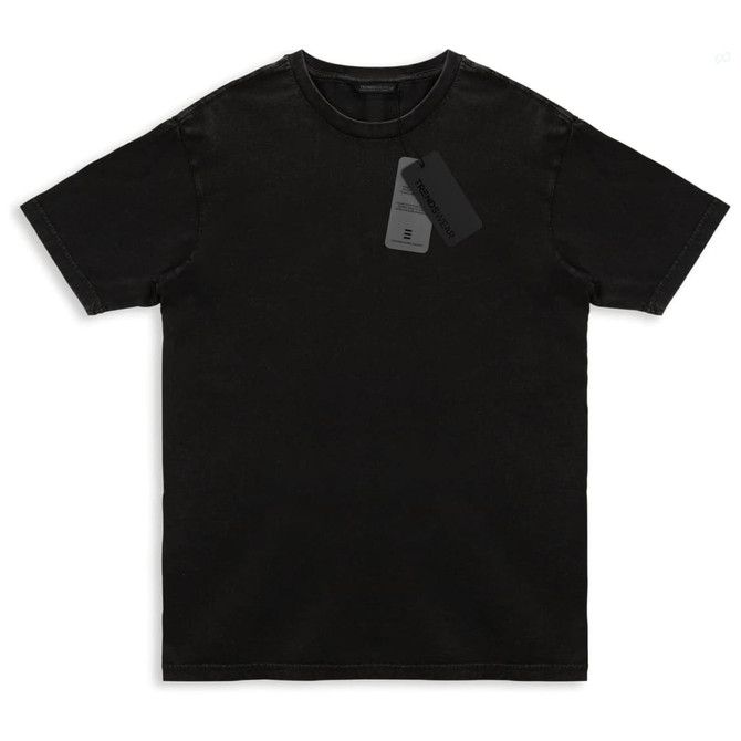 A black unisex TRENDSWEAR faded T-shirt with a tag attached. It features a simple, classic design.