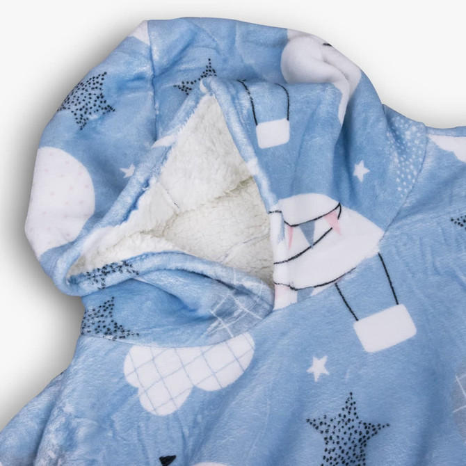 A blue blanket hoodie with a fluffy lining, featuring a design of clouds and stars. It includes a large hood.